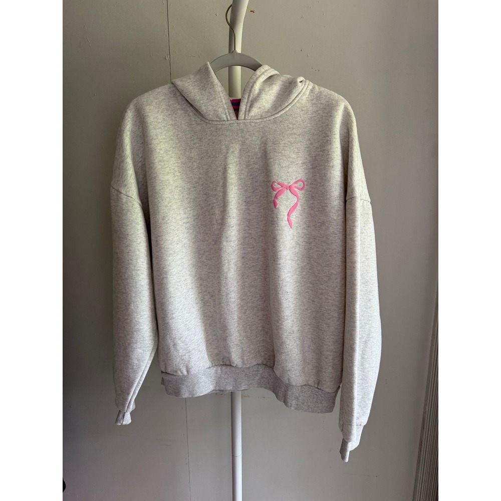 Edikted Hoodie Womens XL Grey Excellent Pink Bow Puff Print Oversized Sweatshirt